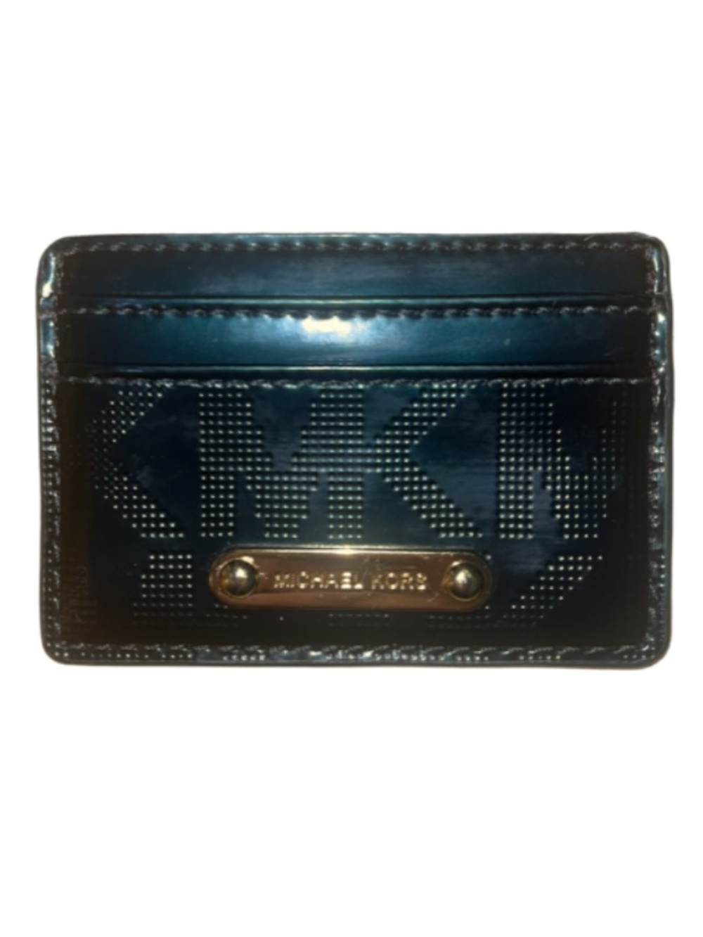 Michael Kors Emerald Patent Leather MK Perforated Card Case with Gold Plaque